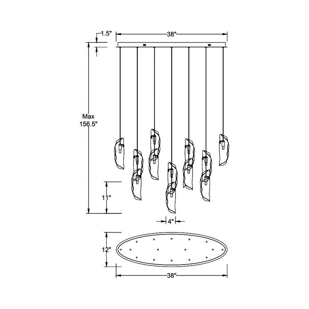 Sorrento Oval Chandelier - line drawing.