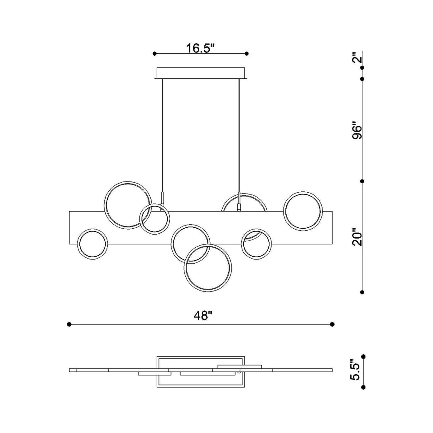 Torino Linear LED Chandelier - line drawing.