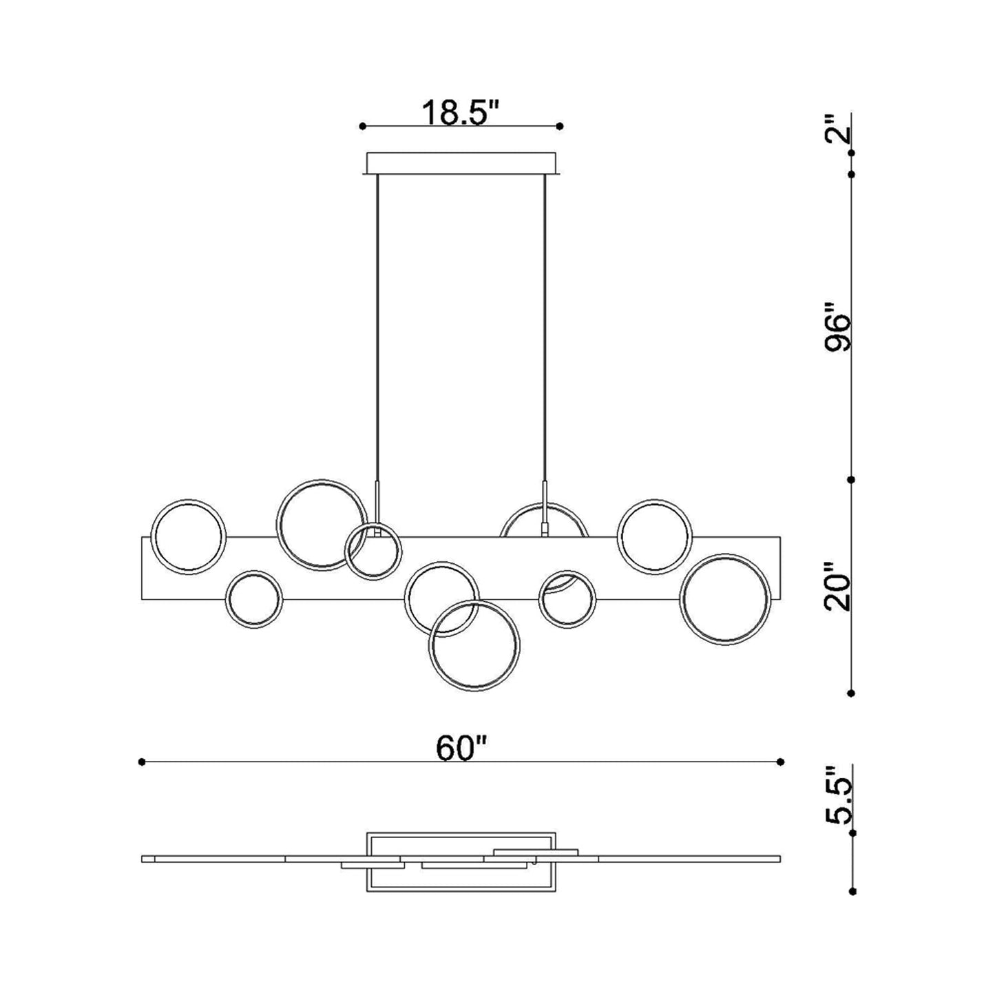 Torino Linear LED Chandelier - line drawing.