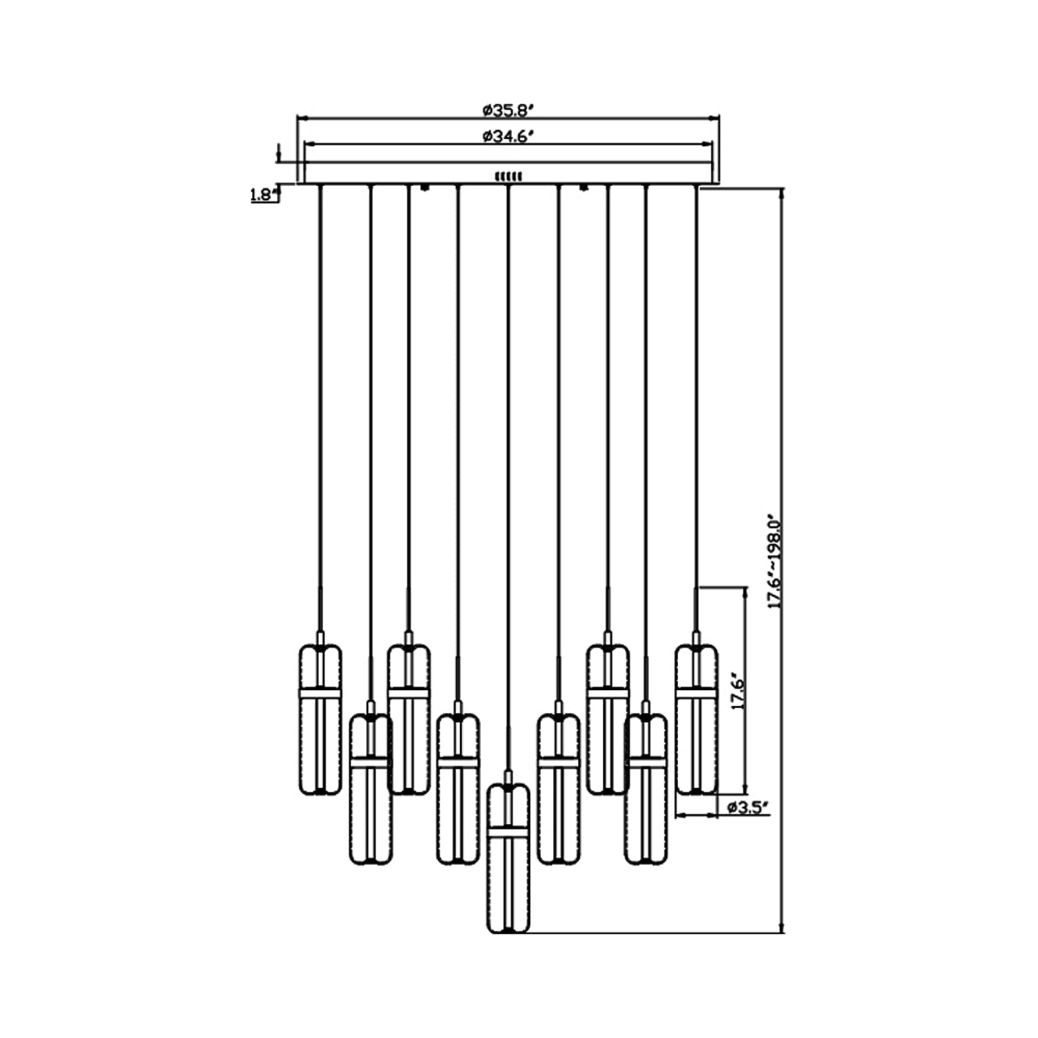 Verona Multi Light LED Pendant Light - line drawing.