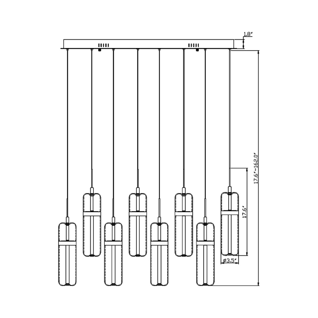 Verona Rectangular LED Chandelier - line drawing.