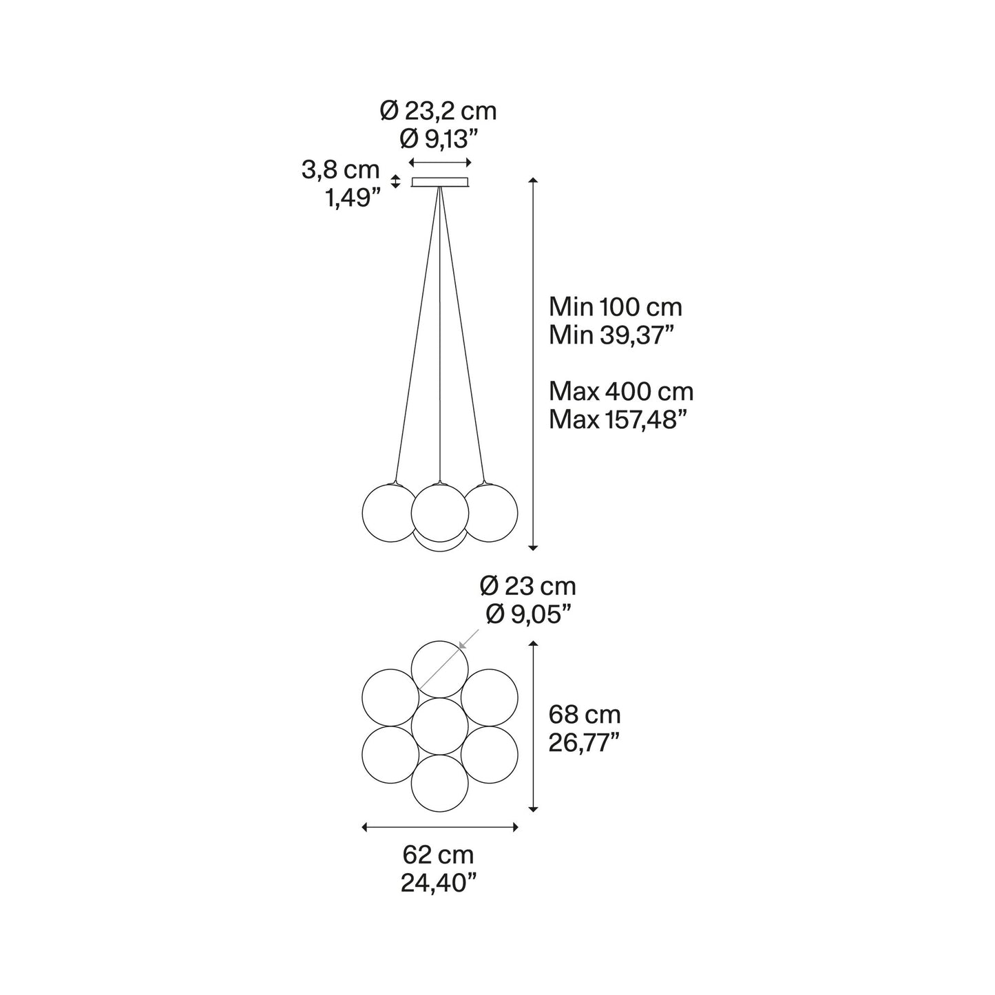 Random Cloud LED Pendant Light - line drawing.