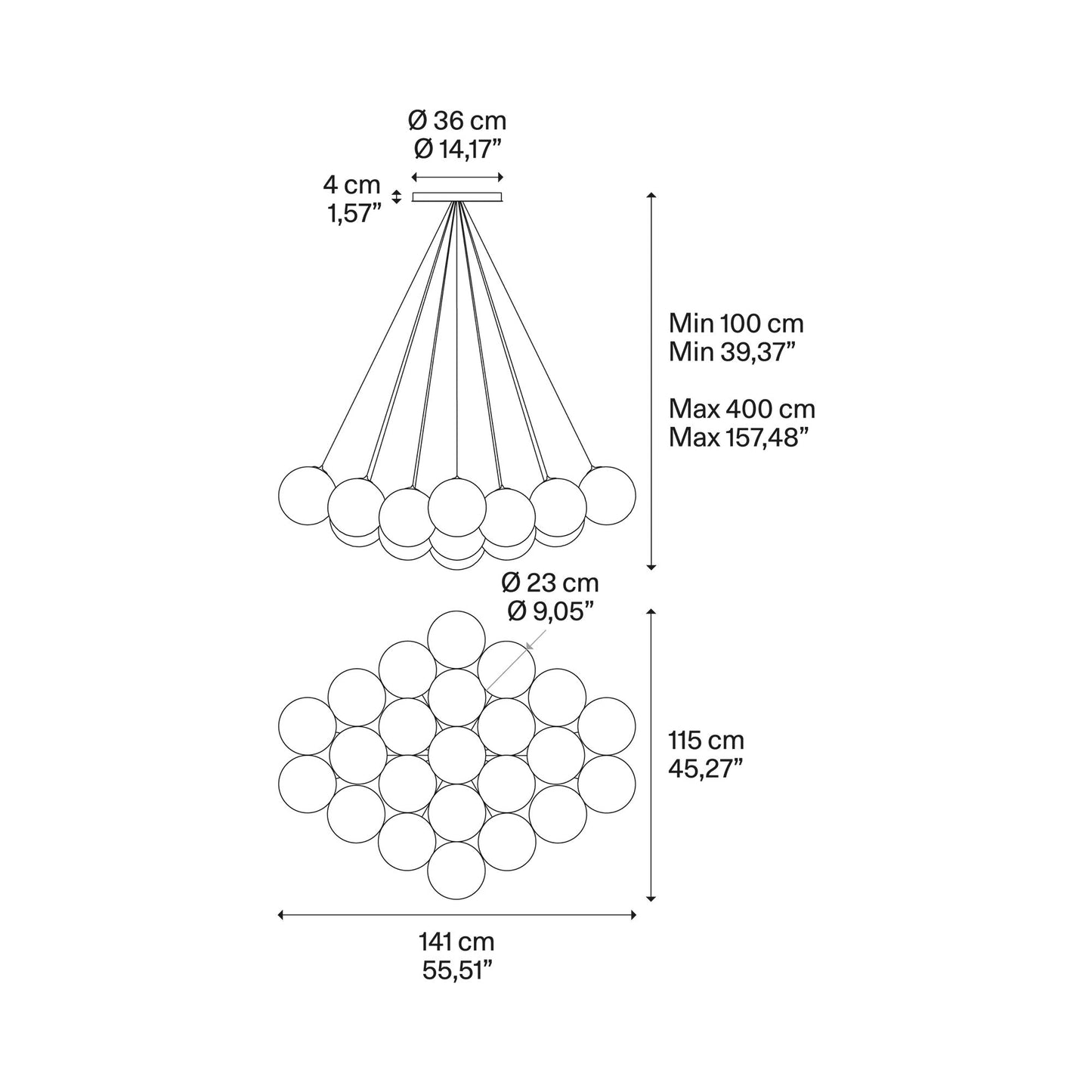 Random Cloud LED Pendant Light - line drawing.