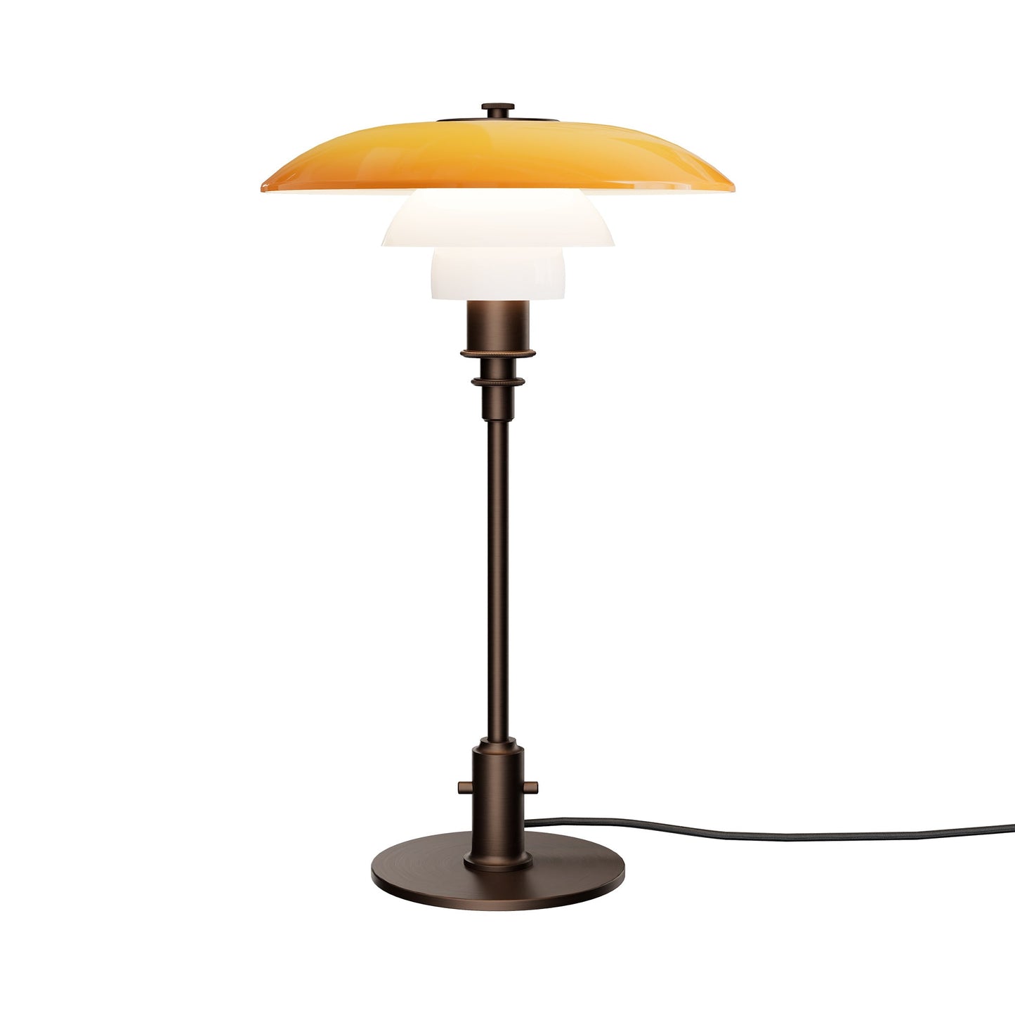 PH 3/2 Table Lamp in Aged Brass/Amber/Opal White.