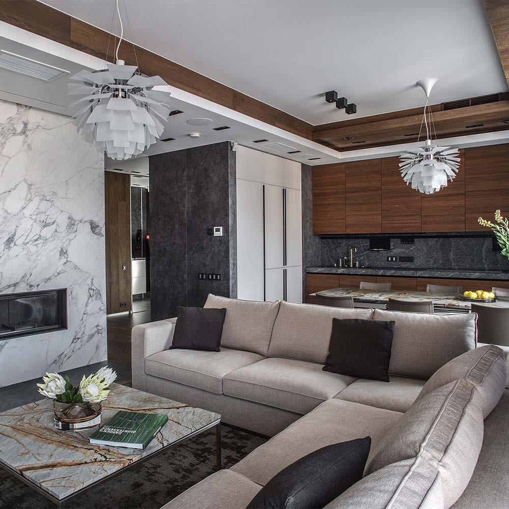 PH Artichoke Glass Pendant Light in living room.