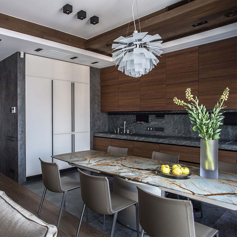 PH Artichoke Glass Pendant Light in dining room.
