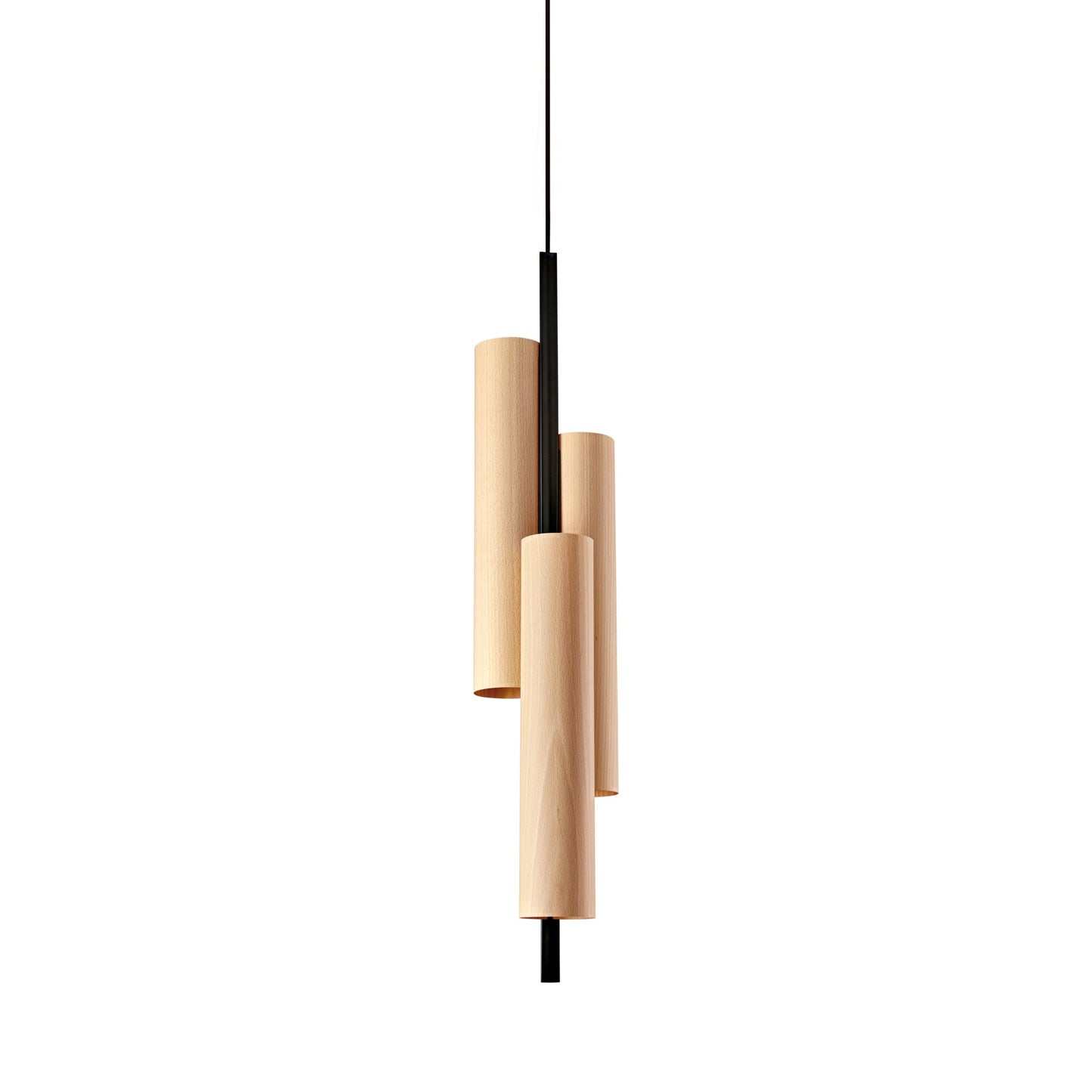 Black Note Round Stem LED Triplet Pendant Light in Natural Beech/Matte Black.