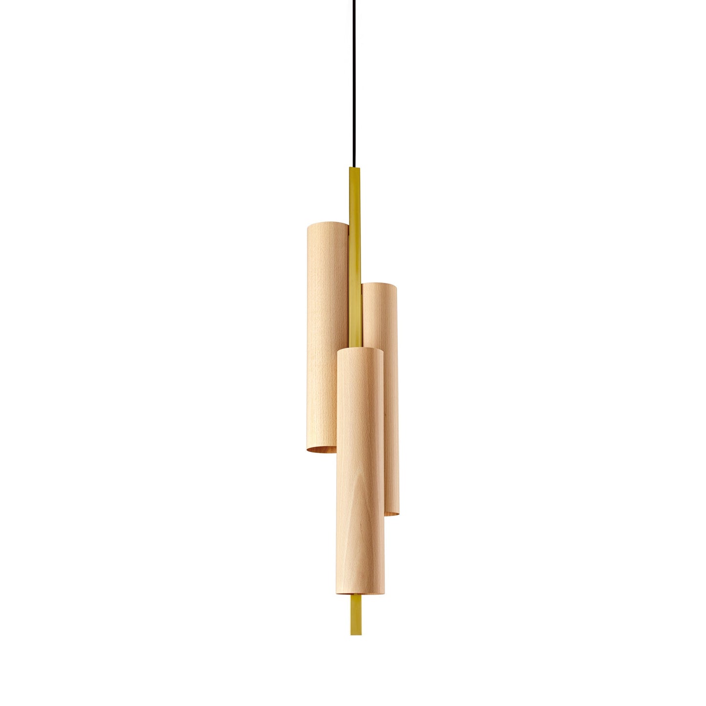 Black Note Round Stem LED Triplet Pendant Light in Natural Beech/Gold.