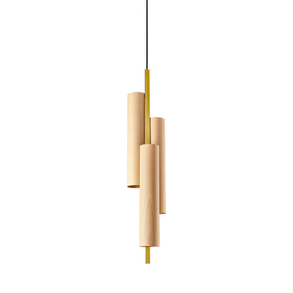 Black Note Round Stem LED Triplet Pendant Light in Natural Beech/Gold.