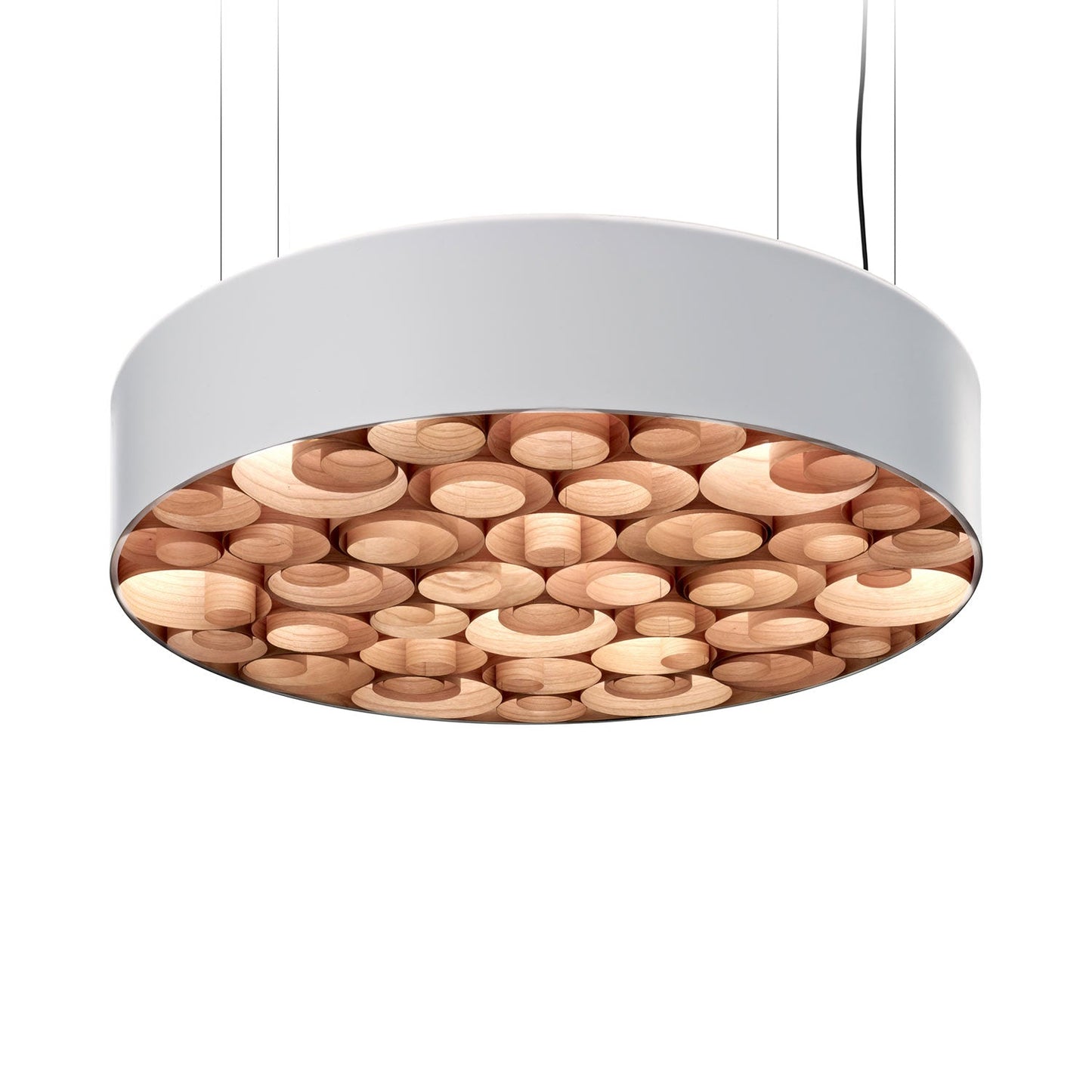 Spiro LED Pendant Light in Natural Cherry/Matte White.