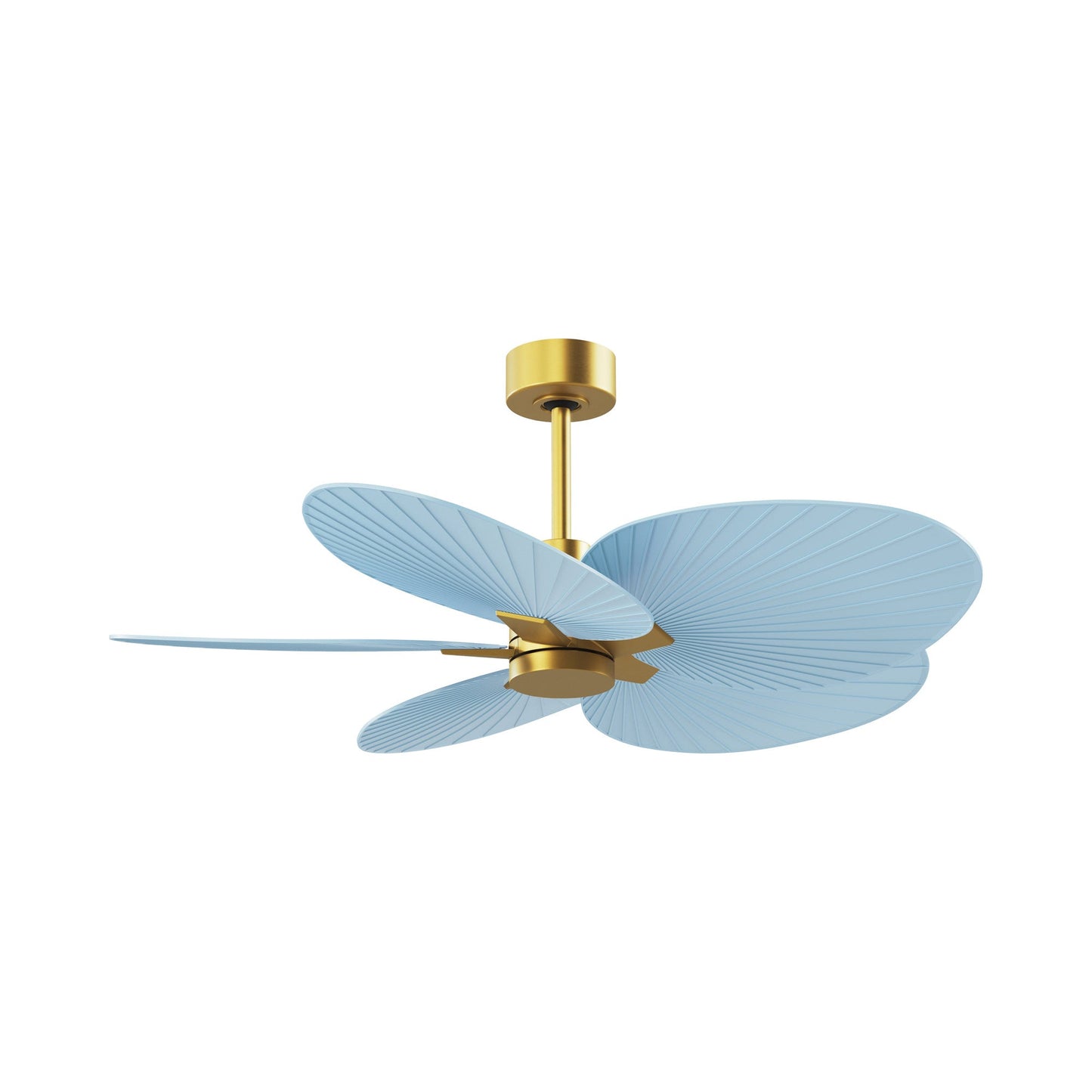 Alessandra Tropical Ceiling Fan in Brushed Brass/Light Blue.