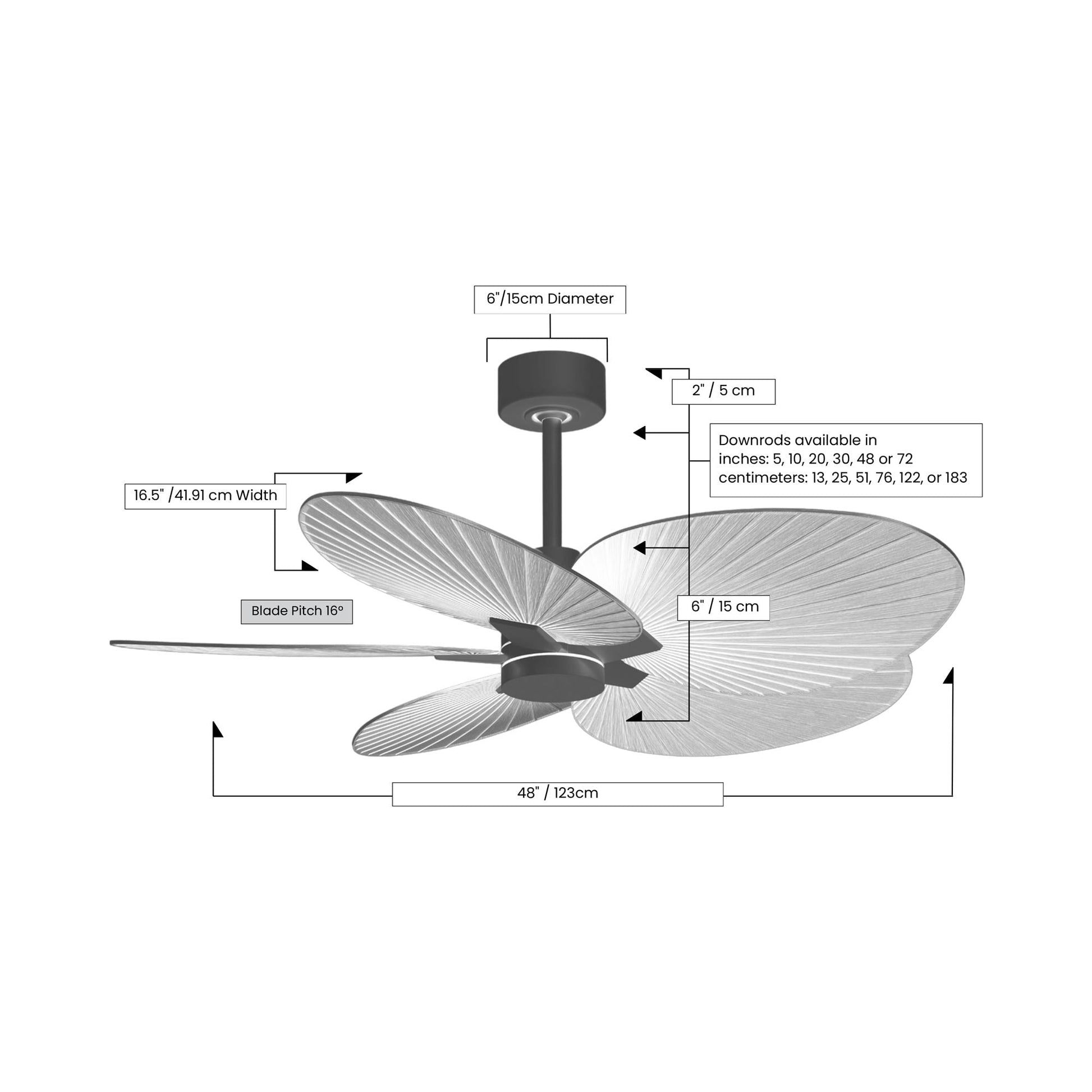 Alessandra Tropical Ceiling Fan - line drawing.