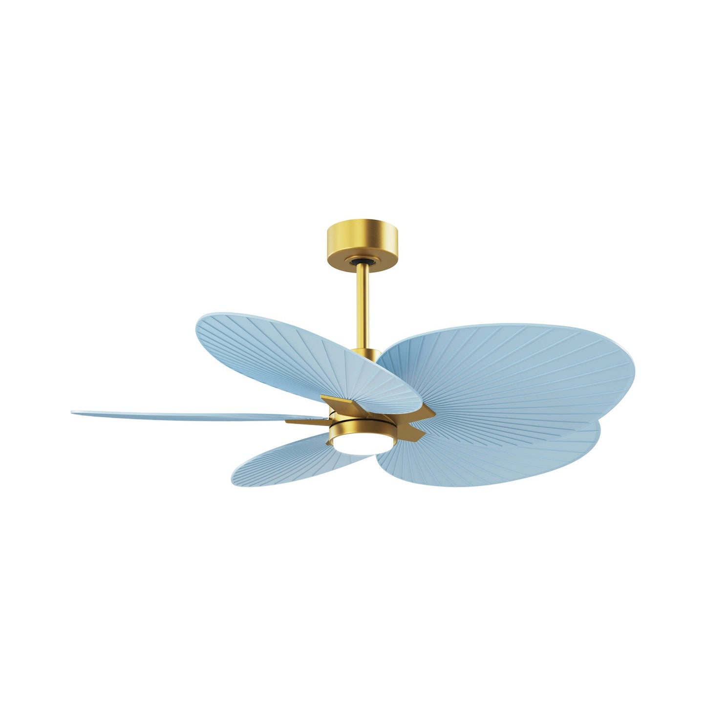 Alessandra Tropical LED Ceiling Fan in Brushed Brass/Light Blue.