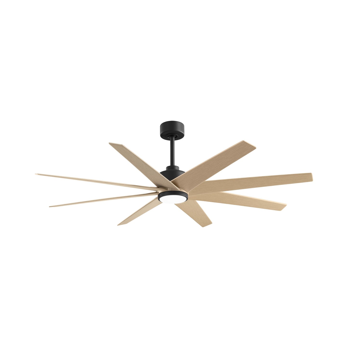 Ariella LED Ceiling Fan in Matte Black/Light Maple Tone.