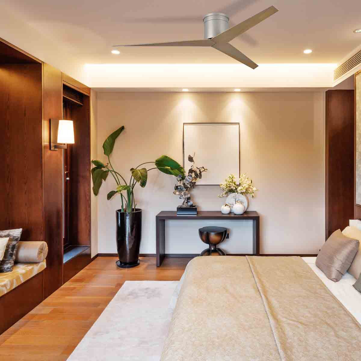 Eliza Outdoor Flush Mount Ceiling Fan in bedroom.