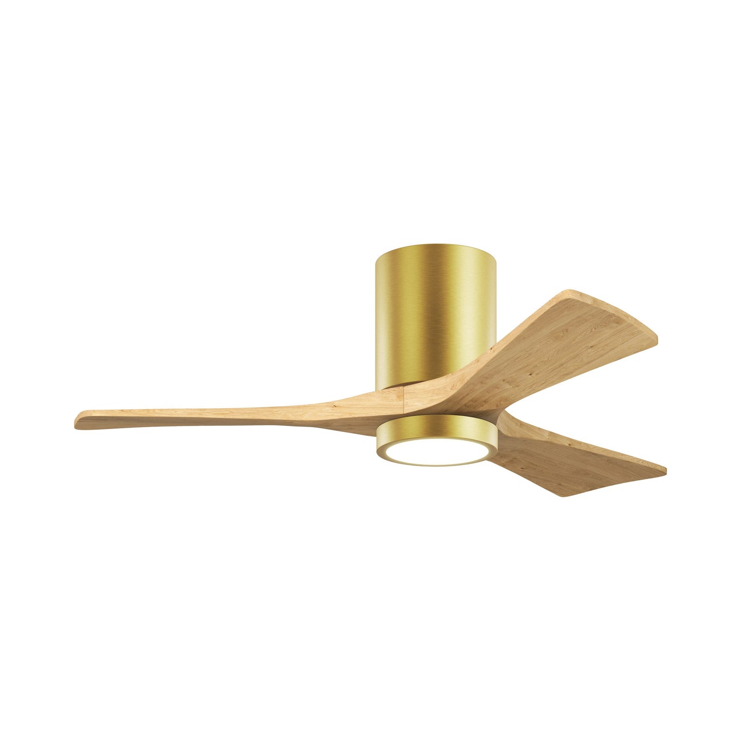 Irene IR3HLK 42-Inch Indoor / Outdoor LED Flush Mount Ceiling Fan in Brushed Brass/Light Maple Tone.