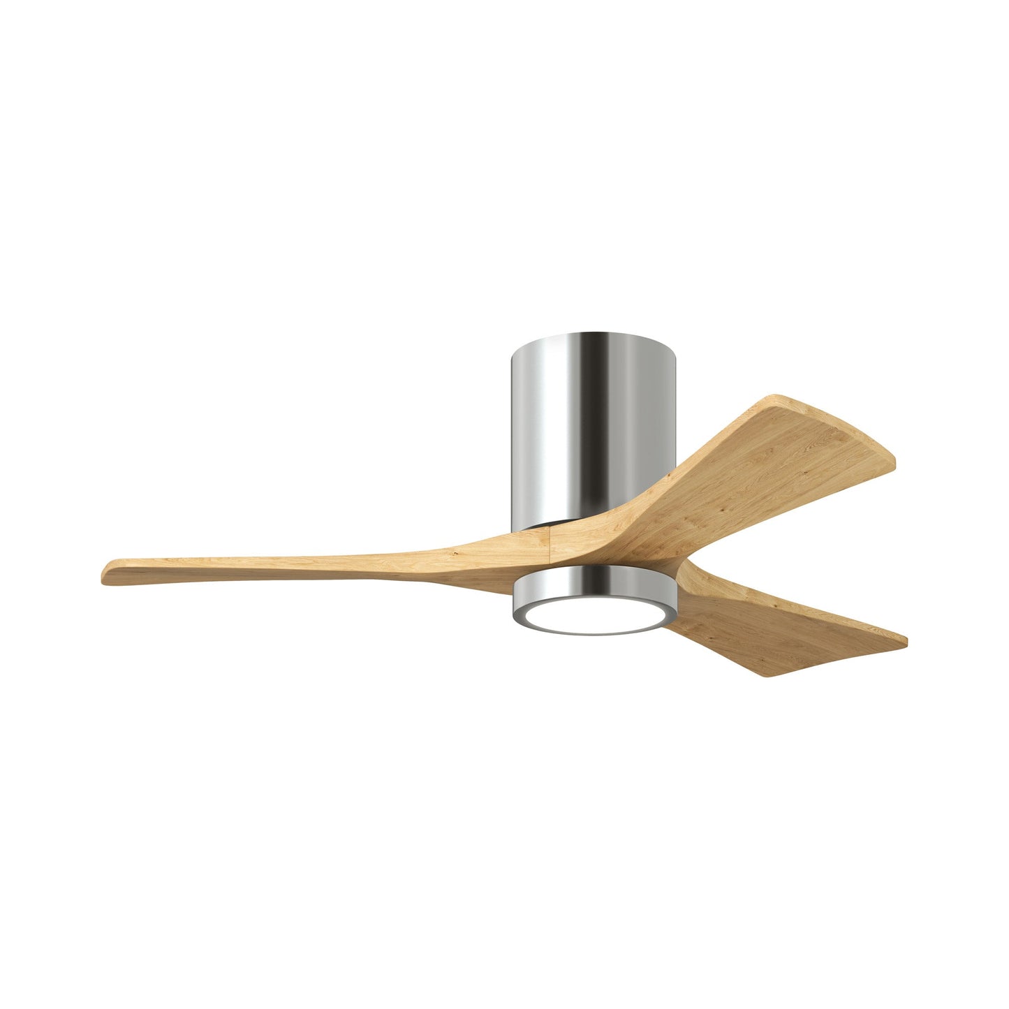 Irene IR3HLK 42-Inch Indoor / Outdoor LED Flush Mount Ceiling Fan in Polished Chrome/Light Maple Tone.