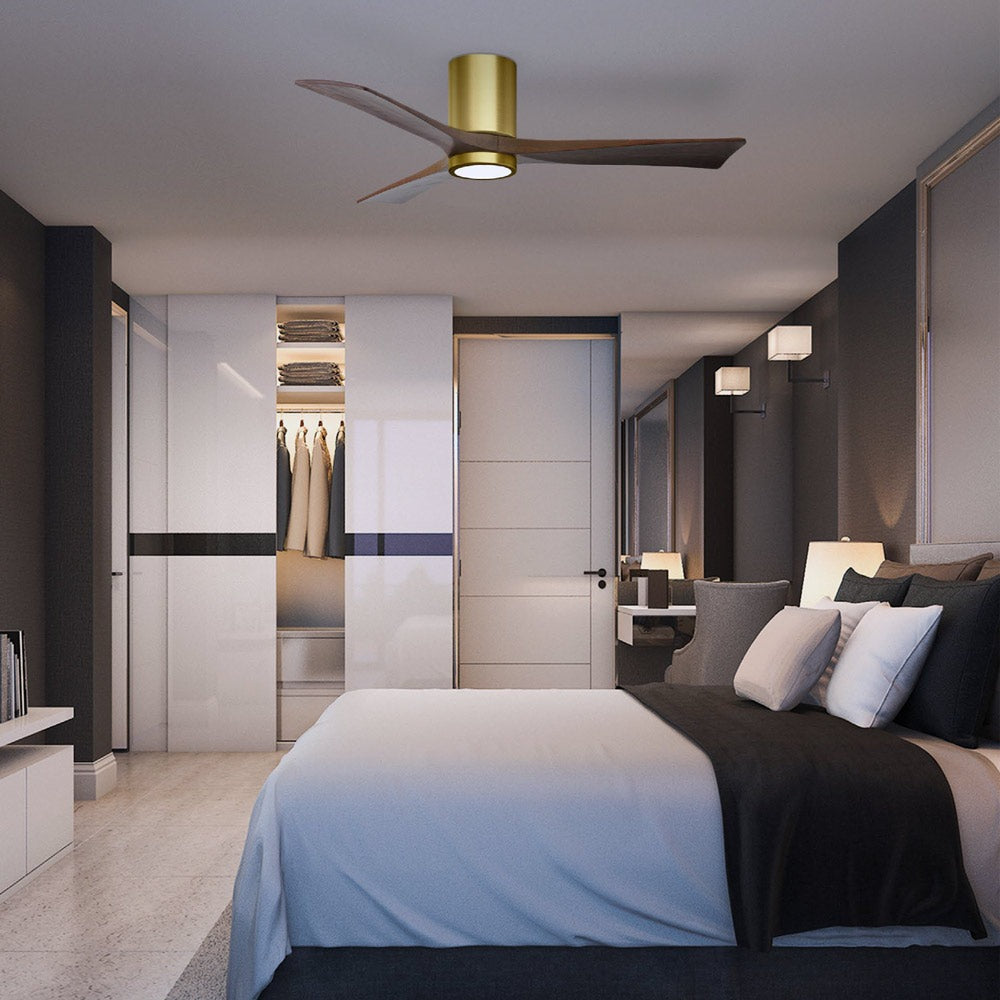 Irene IR3HLK 42-Inch Indoor / Outdoor LED Flush Mount Ceiling Fan in bedroom.