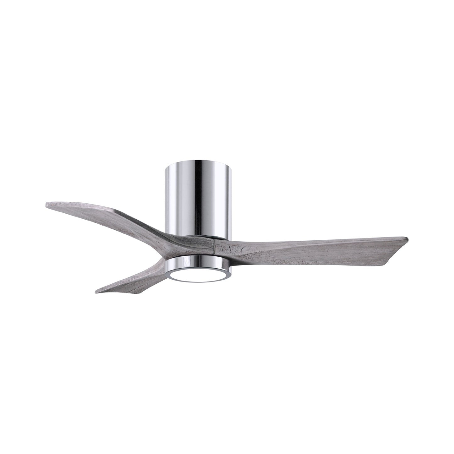Irene IR3HLK 42-Inch Indoor / Outdoor LED Flush Mount Ceiling Fan in Polished Chrome/Barn Wood.