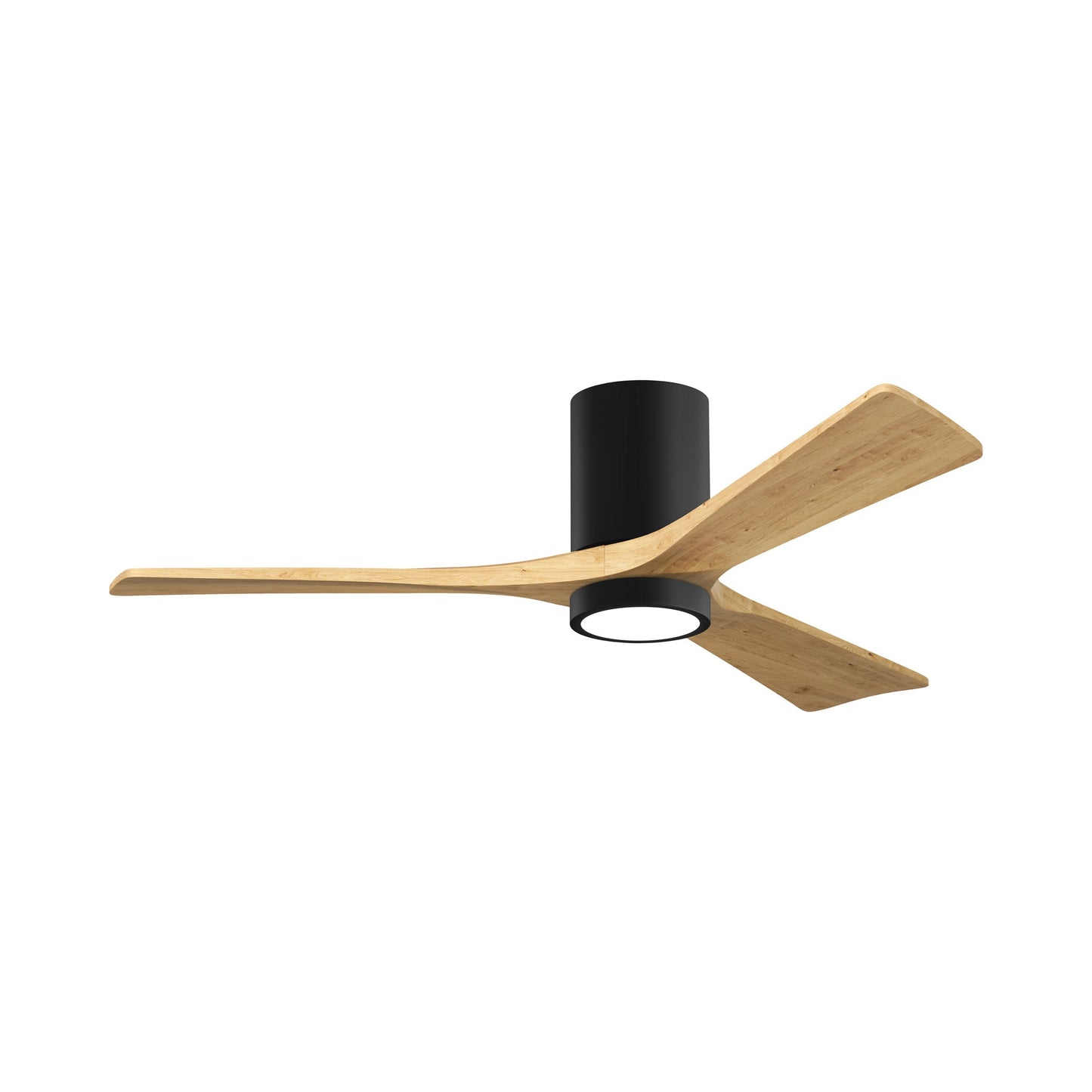 Irene IR3HLK 52-Inch Indoor / Outdoor LED Flush Mount Ceiling Fan in Matte Black/Light Maple Tone.