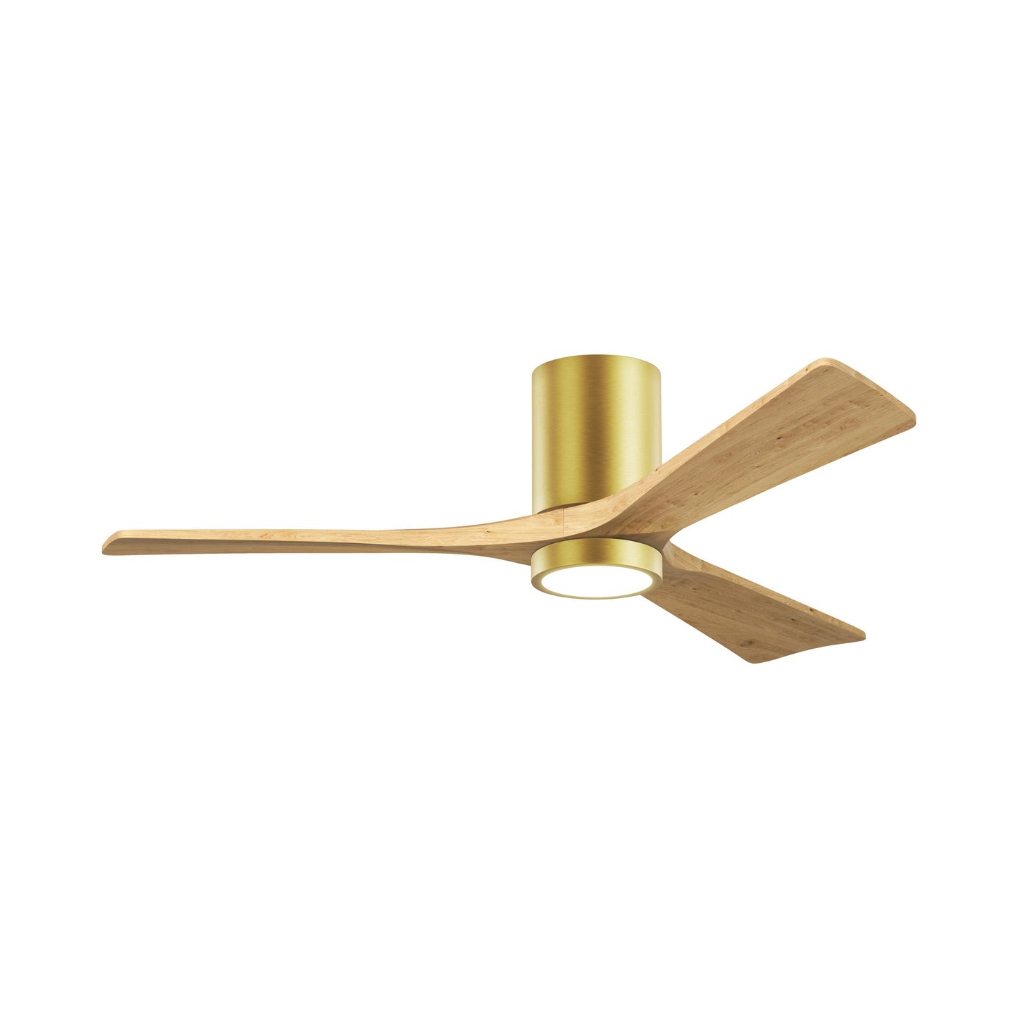 Irene IR3HLK 52-Inch Indoor / Outdoor LED Flush Mount Ceiling Fan in Brushed Brass/Light Maple Tone.