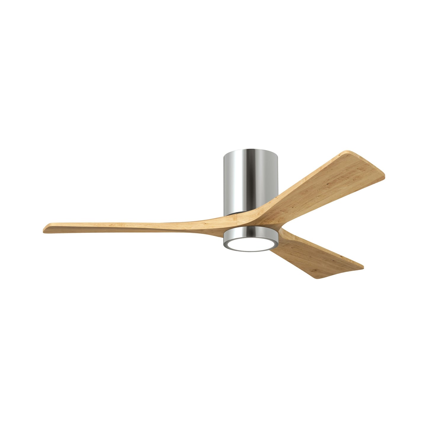 Irene IR3HLK 52-Inch Indoor / Outdoor LED Flush Mount Ceiling Fan in Polished Chrome/Light Maple Tone.