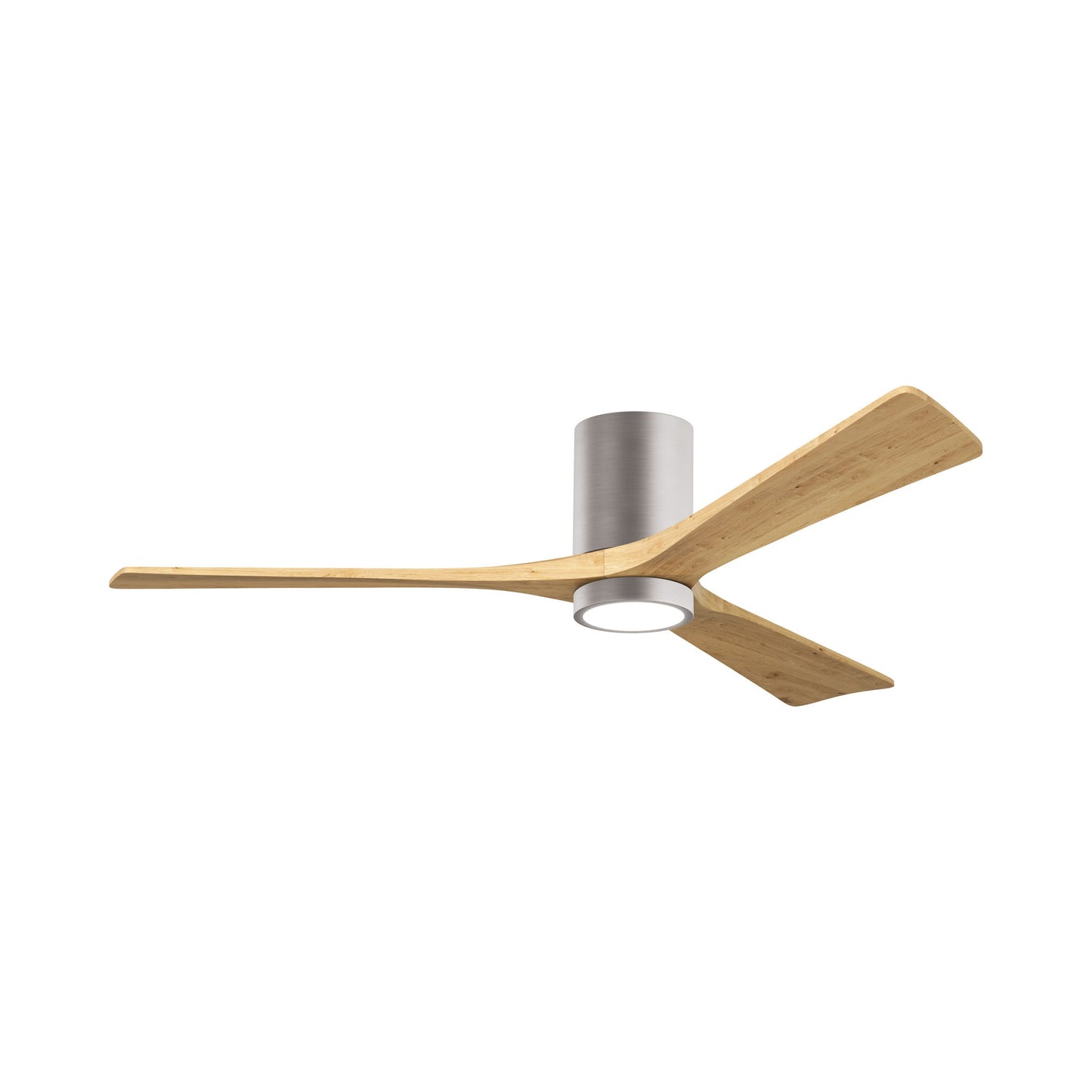 Irene IR3HLK 60-Inch Indoor / Outdoor LED Flush Mount Ceiling Fan in Brushed Nickel/Light Maple Tone.