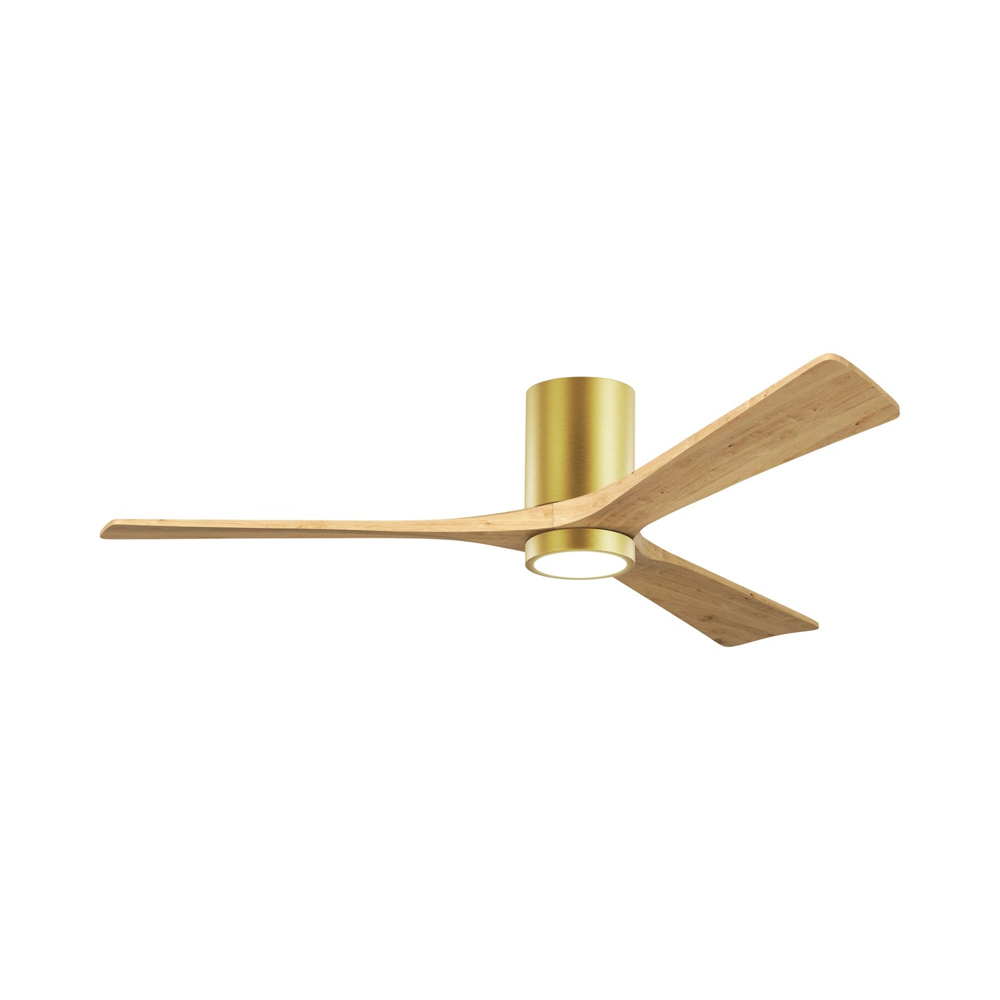 Irene IR3HLK 60-Inch Indoor / Outdoor LED Flush Mount Ceiling Fan in Brushed Brass/Light Maple Tone.