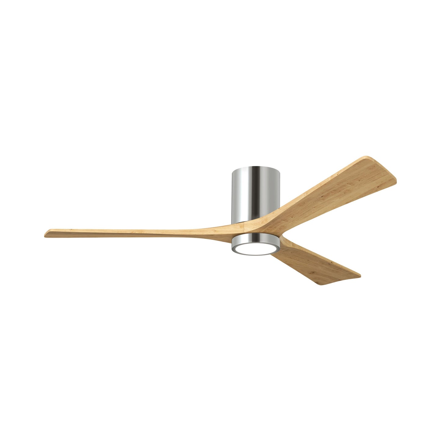 Irene IR3HLK 60-Inch Indoor / Outdoor LED Flush Mount Ceiling Fan in Polished Chrome/Light Maple Tone.