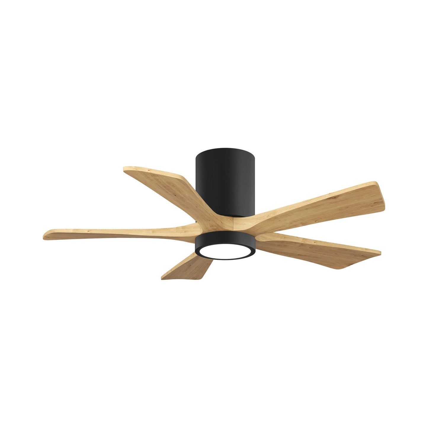 Irene IR5HLK 42-Inch Indoor / Outdoor LED Flush Mount Ceiling Fan in Matte Black/Light Maple Tone.