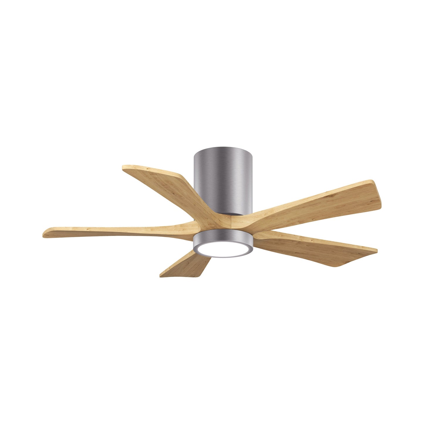 Irene IR5HLK 42-Inch Indoor / Outdoor LED Flush Mount Ceiling Fan in Brushed Pewter/Light Maple Tone.