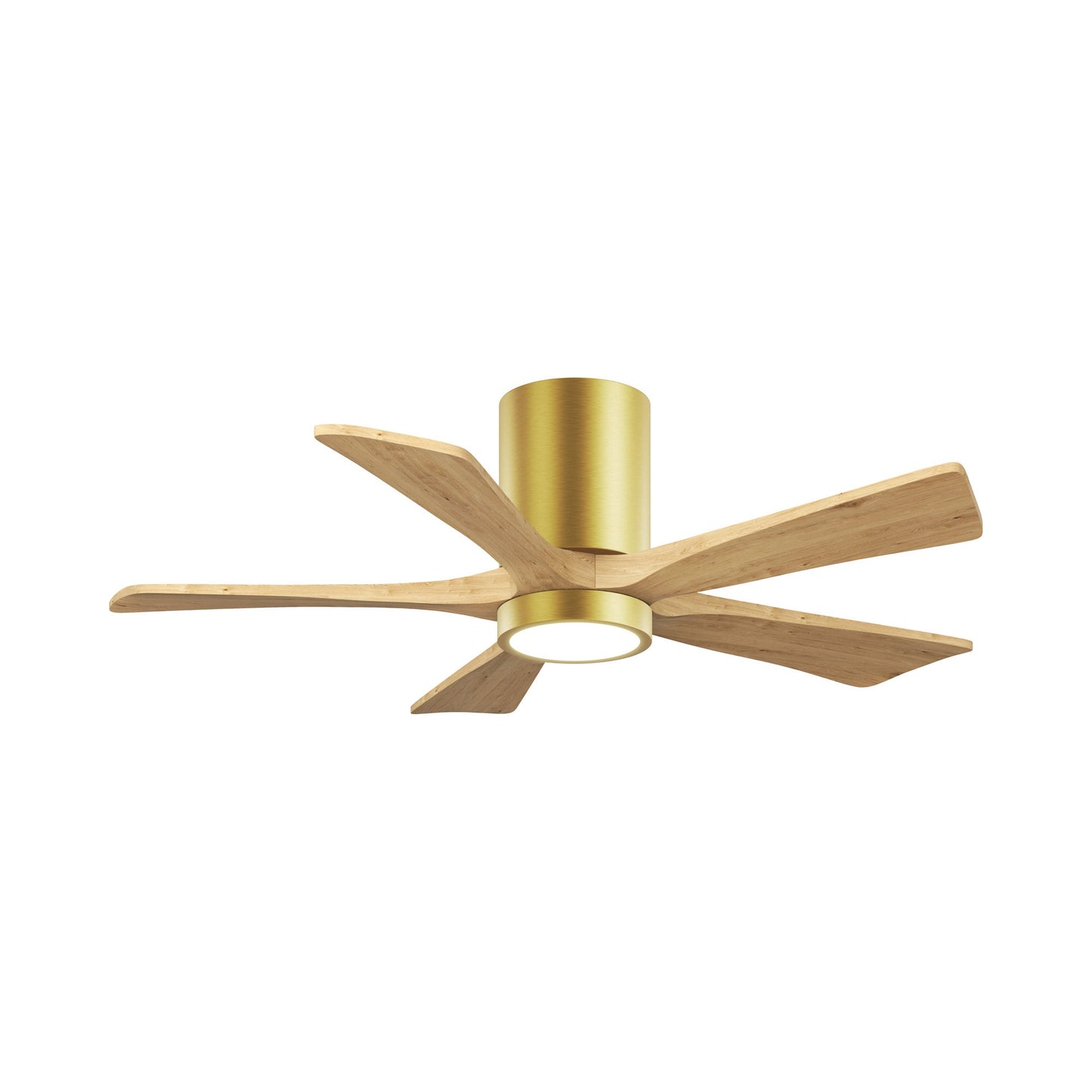 Irene IR5HLK 42-Inch Indoor / Outdoor LED Flush Mount Ceiling Fan in Brushed Brass/Light Maple Tone.