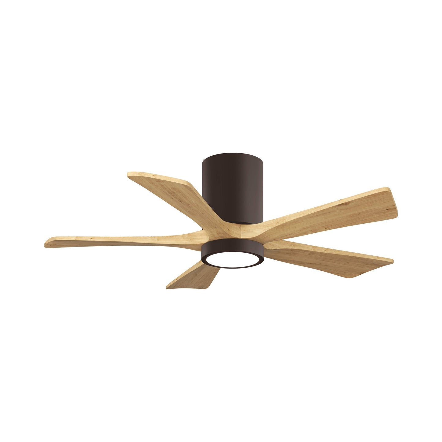 Irene IR5HLK 42-Inch Indoor / Outdoor LED Flush Mount Ceiling Fan in Textured Bronze/Light Maple Tone.