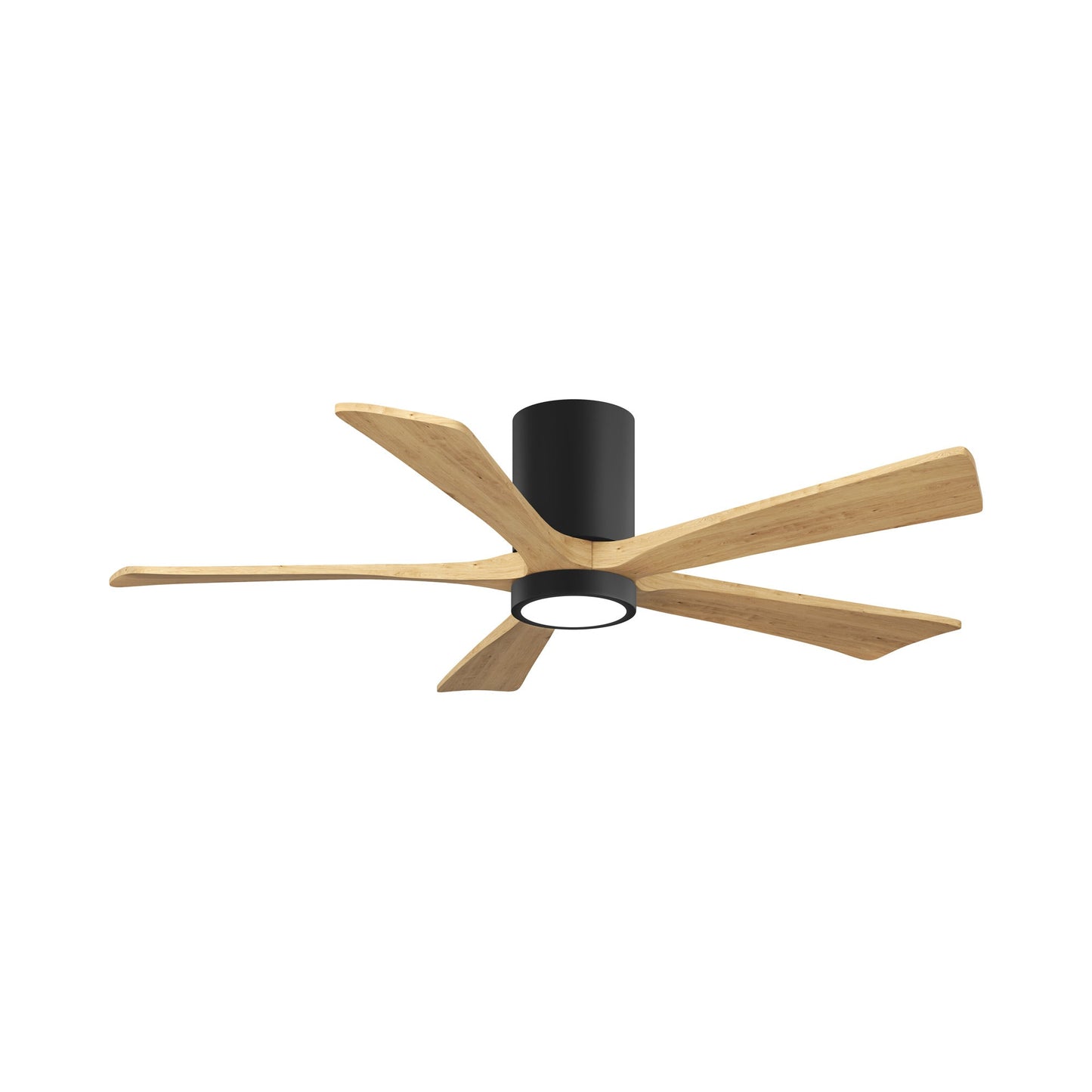Irene IR5HLK 52-Inch Indoor / Outdoor LED Flush Mount Ceiling Fan in Matte Black/Light Maple Tone.