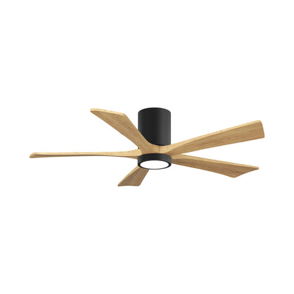 Irene IR5HLK 52-Inch Indoor / Outdoor LED Flush Mount Ceiling Fan in Matte Black/Light Maple Tone.