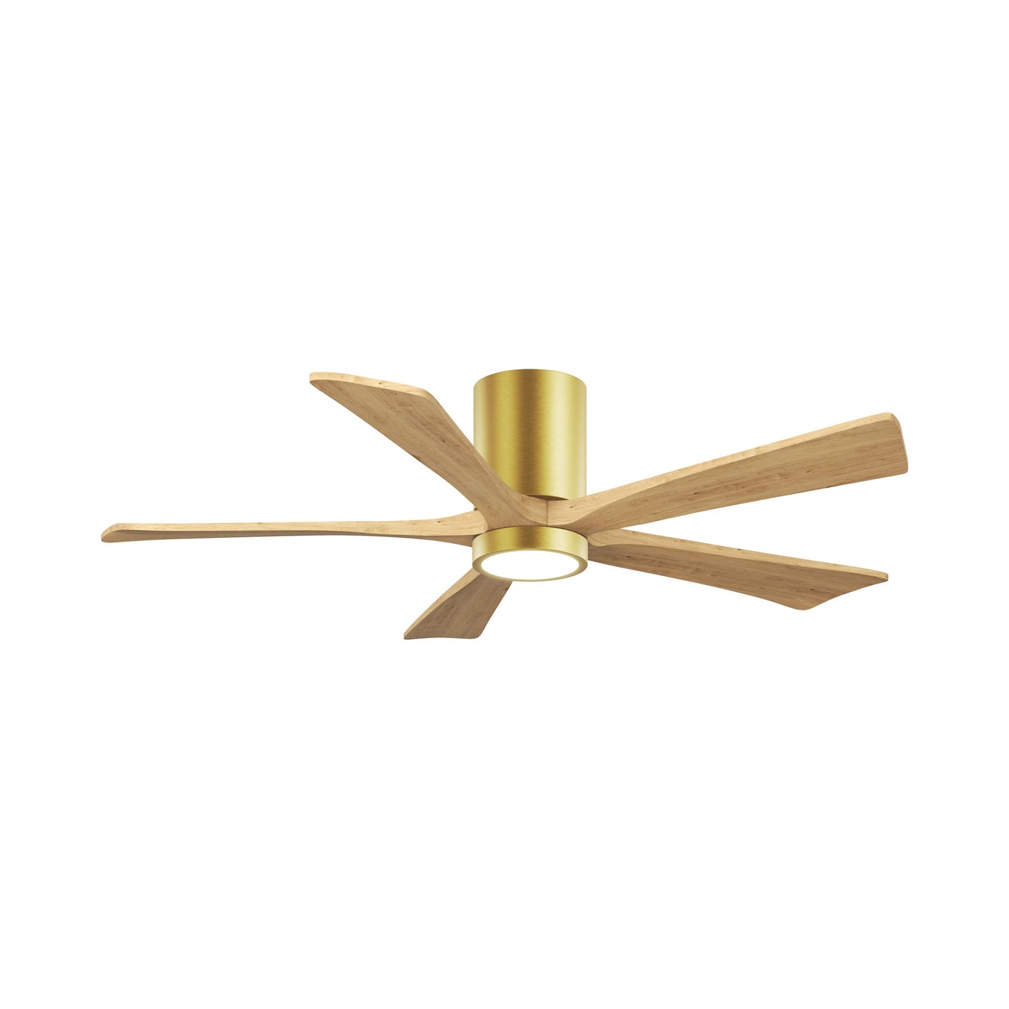 Irene IR5HLK 52-Inch Indoor / Outdoor LED Flush Mount Ceiling Fan in Brushed Brass/Light Maple Tone.
