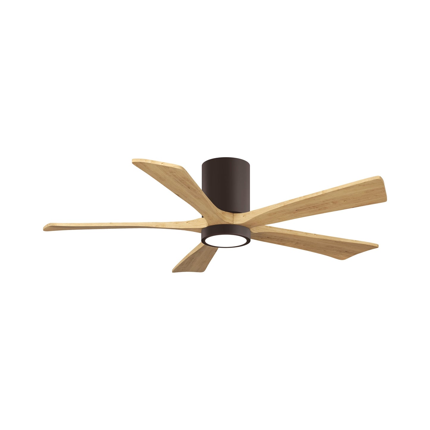 Irene IR5HLK 52-Inch Indoor / Outdoor LED Flush Mount Ceiling Fan in Textured Bronze/Light Maple Tone.