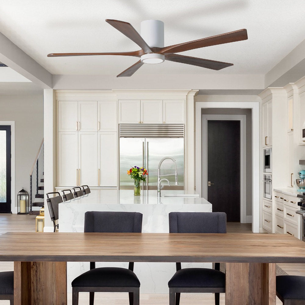 Irene IR5HLK 52-Inch Indoor / Outdoor LED Flush Mount Ceiling Fan in dining room.