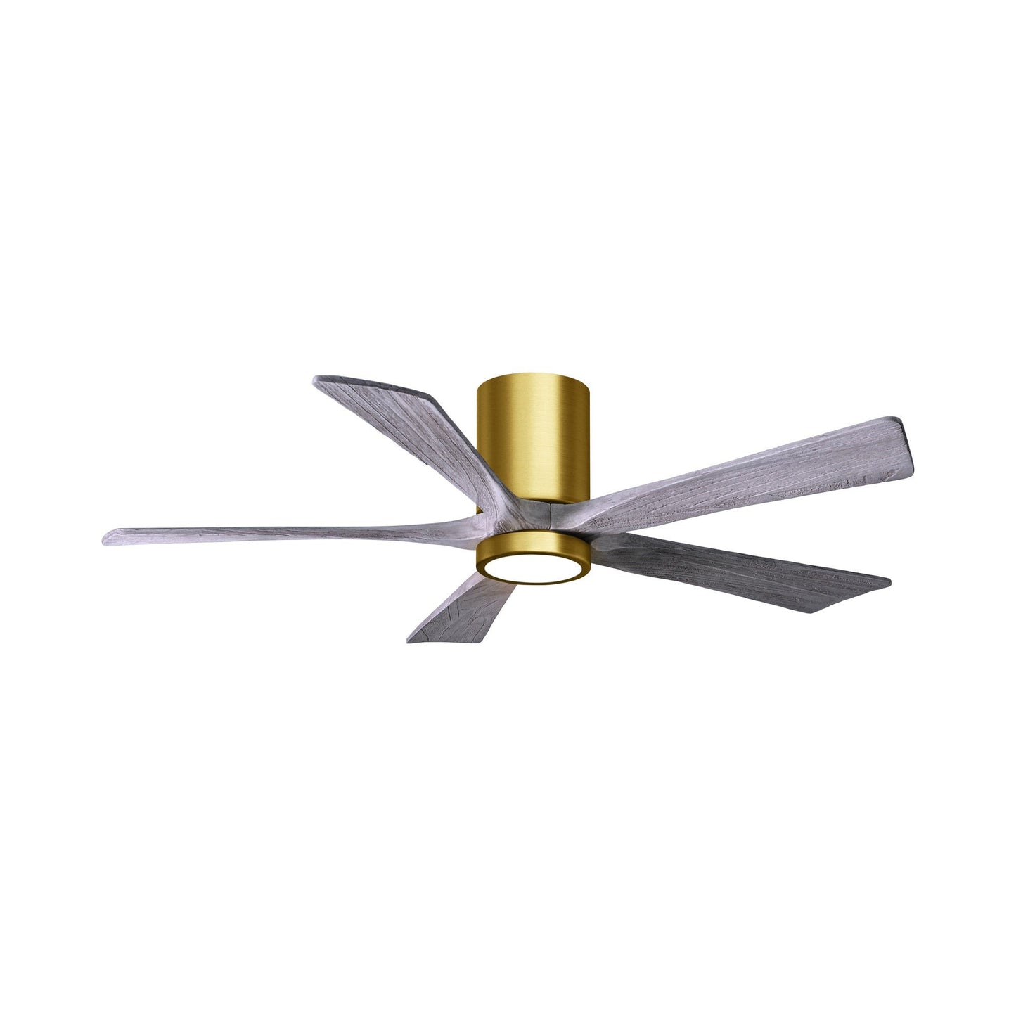 Irene IR5HLK 52-Inch Indoor / Outdoor LED Flush Mount Ceiling Fan in Brushed Brass/Barn Wood.