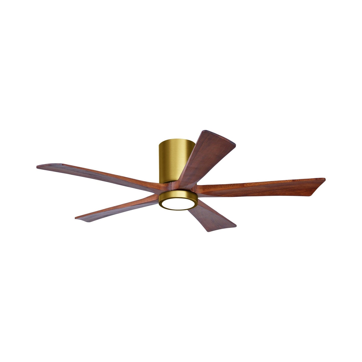 Irene IR5HLK 52-Inch Indoor / Outdoor LED Flush Mount Ceiling Fan in Brushed Brass/Walnut.