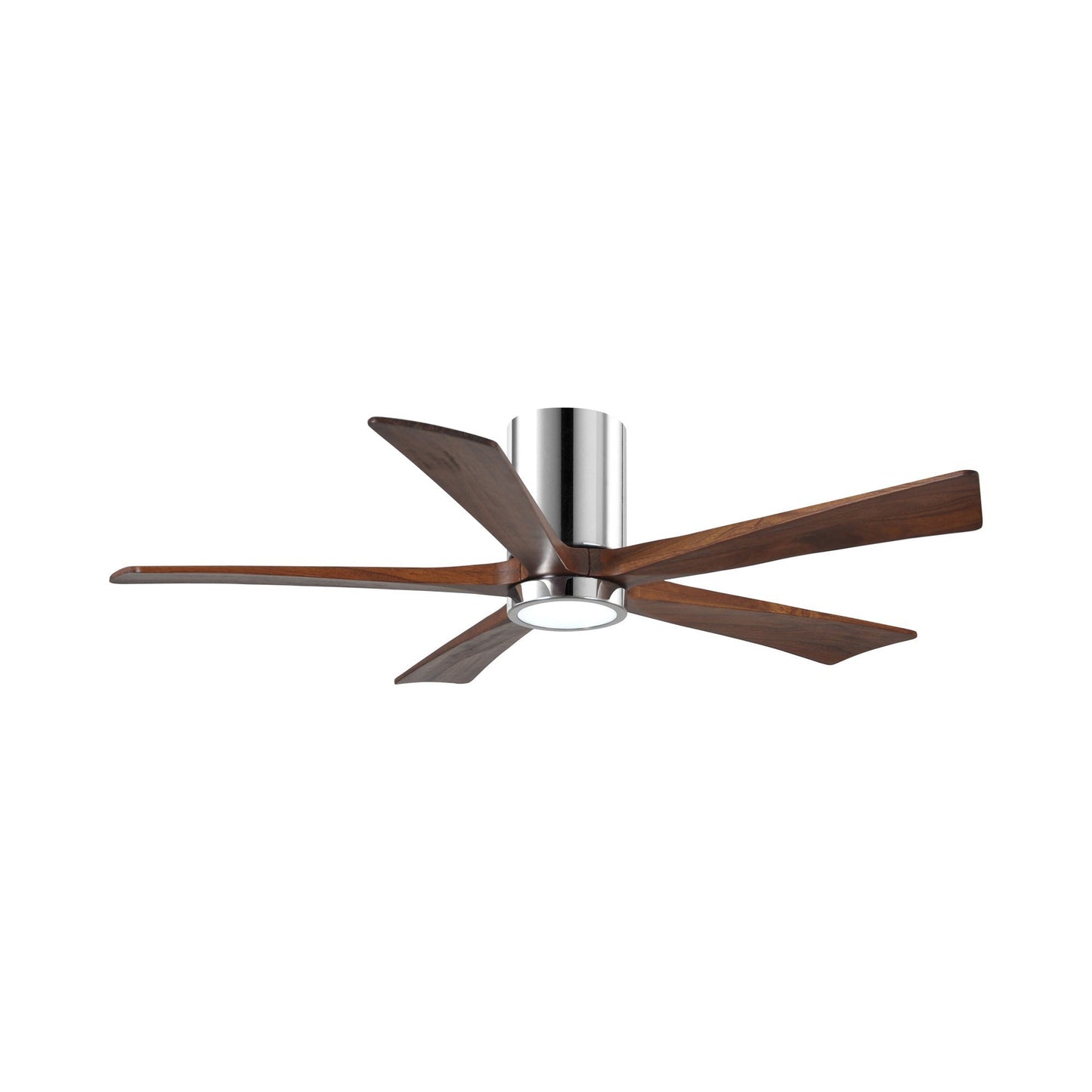 Irene IR5HLK 52-Inch Indoor / Outdoor LED Flush Mount Ceiling Fan in Polished Chrome/Walnut.