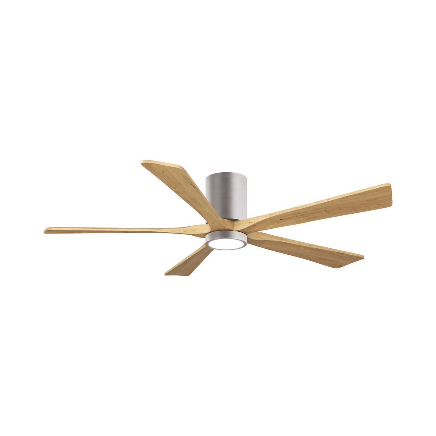 Irene IR5HLK 60-Inch Indoor / Outdoor LED Flush Mount Ceiling Fan in Brushed Nickel/Light Maple Tone.