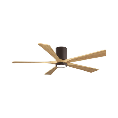 Irene IR5HLK 60-Inch Indoor / Outdoor LED Flush Mount Ceiling Fan in Textured Bronze/Light Maple Tone.