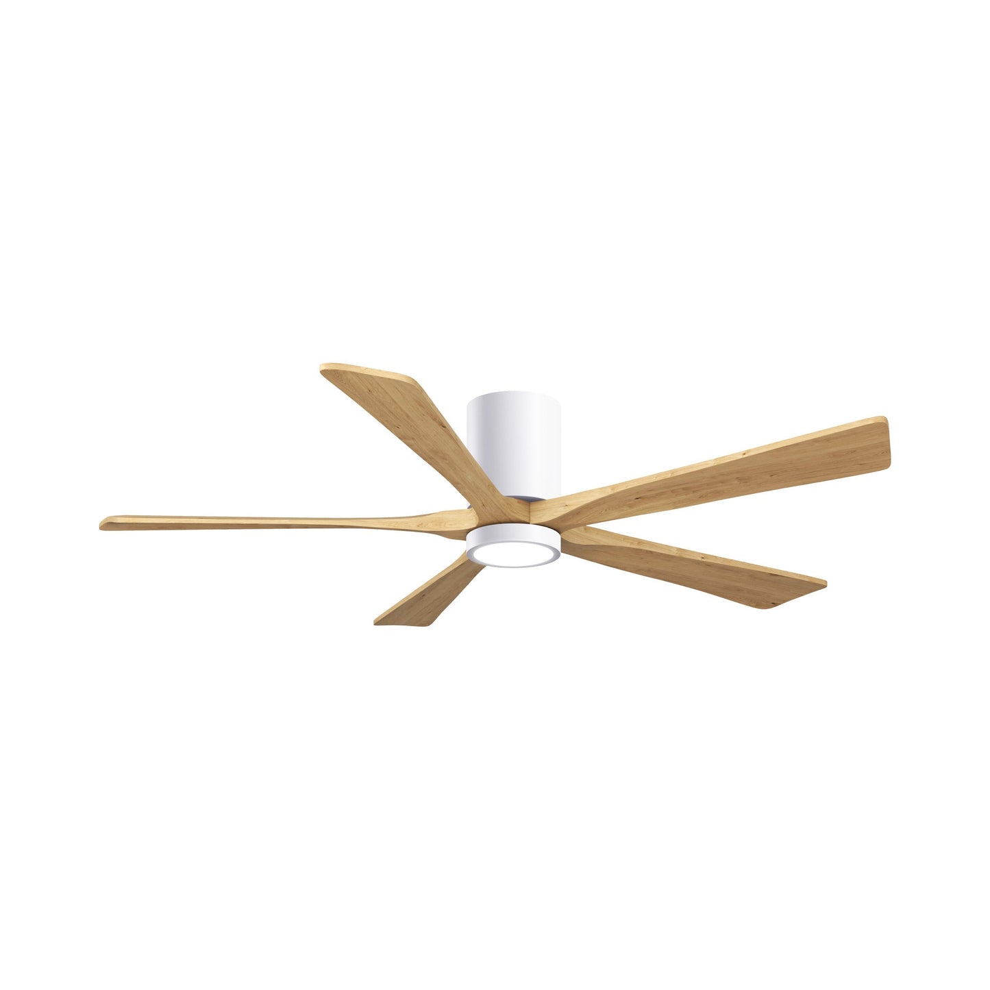 Irene IR5HLK 60-Inch Indoor / Outdoor LED Flush Mount Ceiling Fan in Gloss White/Light Maple Tone.