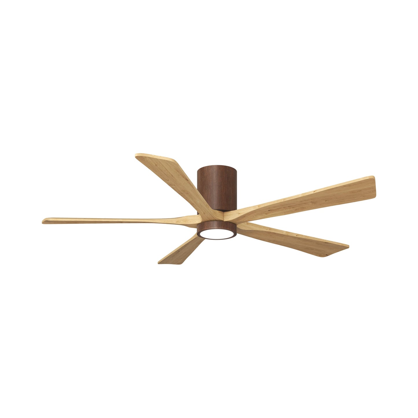 Irene IR5HLK 60-Inch Indoor / Outdoor LED Flush Mount Ceiling Fan in Walnut Tone/Light Maple Tone.