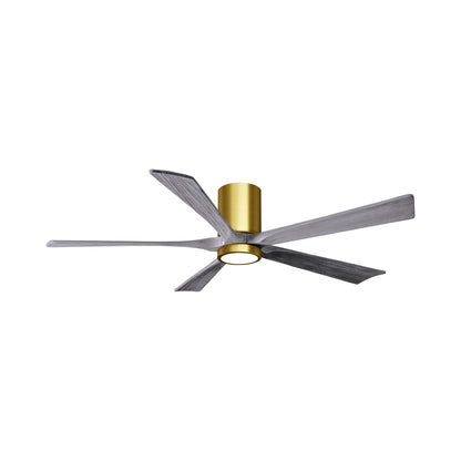 Irene IR5HLK 60-Inch Indoor / Outdoor LED Flush Mount Ceiling Fan in Brushed Brass/Barn Wood.