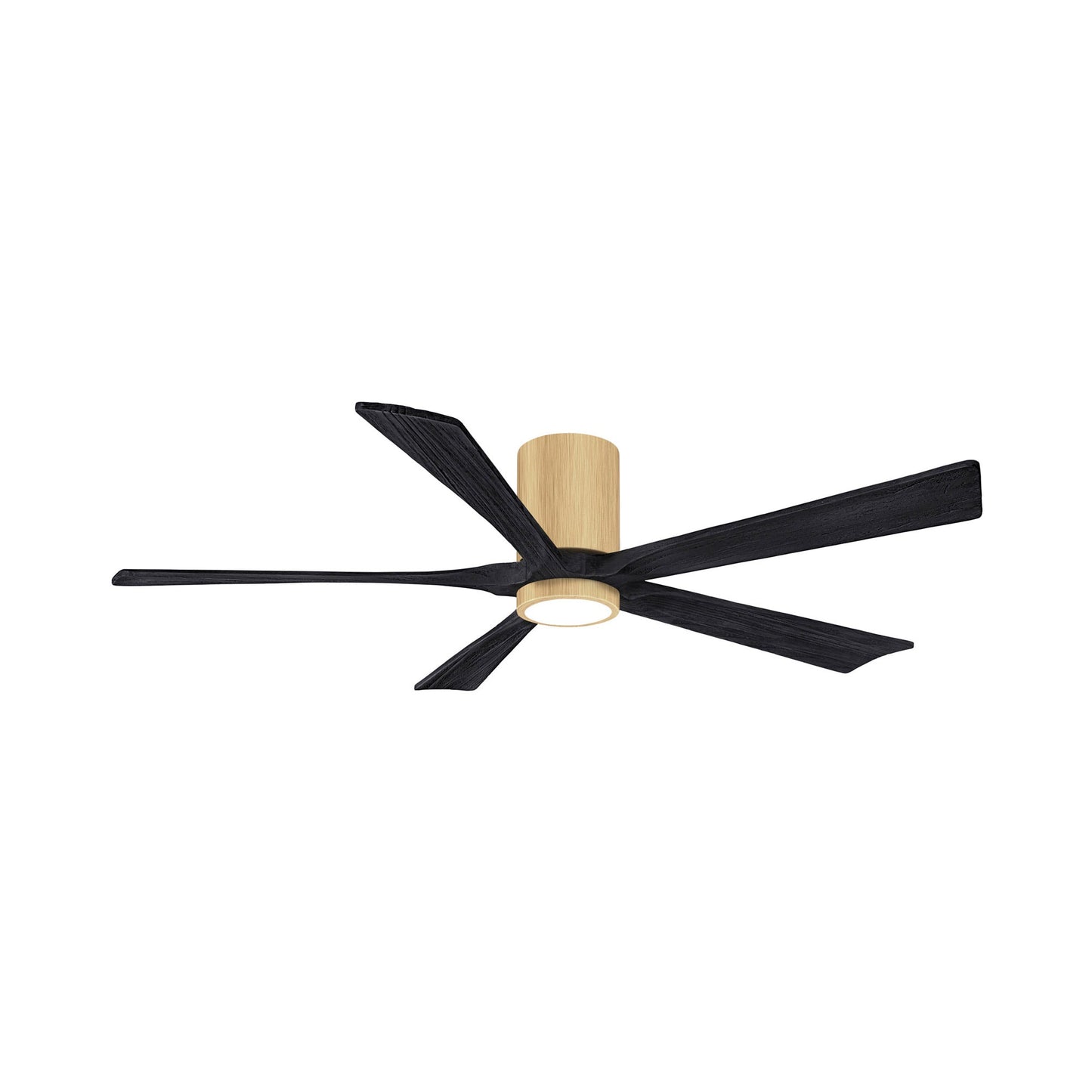 Irene IR5HLK 60-Inch Indoor / Outdoor LED Flush Mount Ceiling Fan in Light Maple/Matte Black.