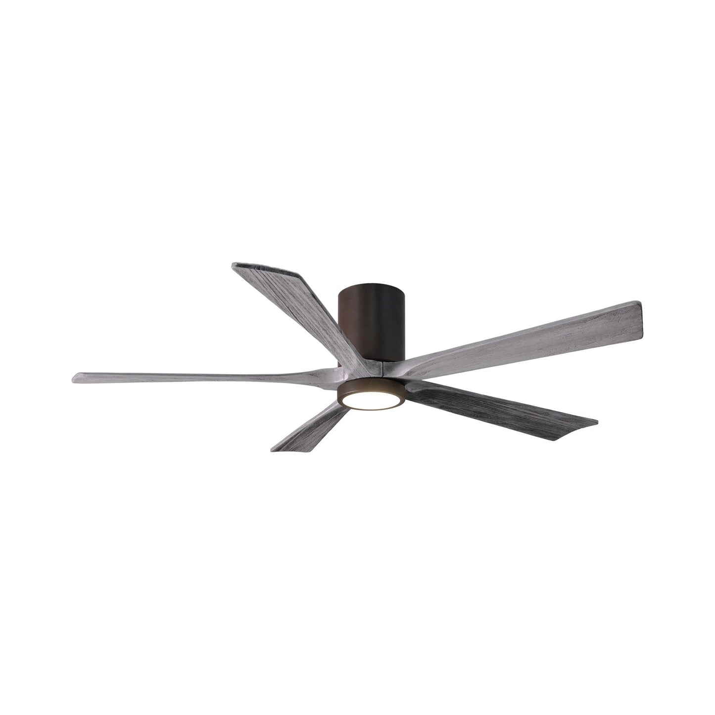 Irene IR5HLK 60-Inch Indoor / Outdoor LED Flush Mount Ceiling Fan in Textured Bronze/Barn Wood.