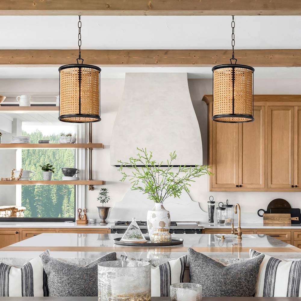 Cane Pendant Light in kitchen.