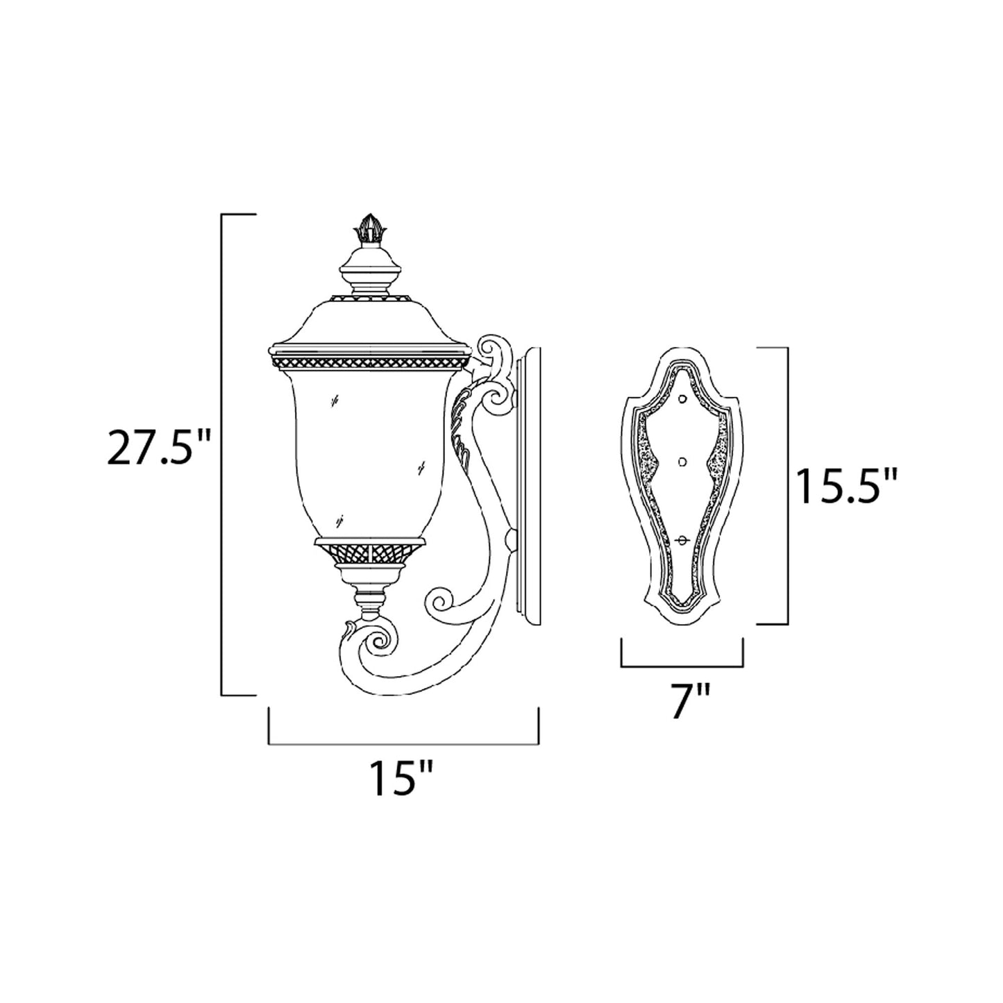 Carriage House Outdoor Glass Wall Light - line drawing.